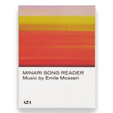 Book cover with colorful striped design and text 'Minari Song Reader Music by Emile Mosseri' on a white background