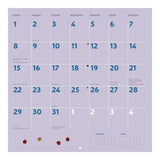 Calendar with blue numbers on a light purple background