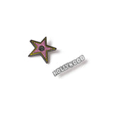 Two pins on a white background, one shaped like a star with pink details and the other with 'Hollywood' text. Academy Museum Exclusive Pin celebrating the 100th birthday of the Hollywood Sign.
