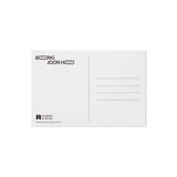 White postcard with black text and branding on a white background