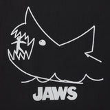 Black t-shirt with white 'JAWS' shark graphic design