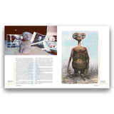 Book open to a page with an illustration of an alien figure on the right and related images and text on the left.