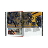 Open book showing illustrations of alien creatures in a sci-fi setting