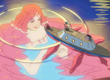 Illustration of a person with pink hair holding a toy boat against a colorful background