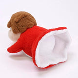 Small plush toy resembling a character with a red outfit and brown head on a white background