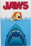 Cartoon-style depiction of a shark attacking a person with 'JAWS' text at the top.