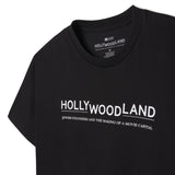 Black t-shirt with 'HOLLYWOODLAND' text on a white background