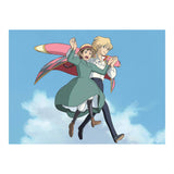 Two animated characters Howl flying through the air with a blue sky background