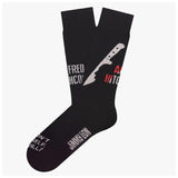 Black socks with a knife graphic and text on a white background