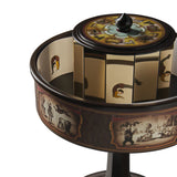 Decorative spinning wheel with illustrated scenes on a white background