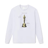 White long-sleeve shirt with a graphic of an Oscar statue on a white background
