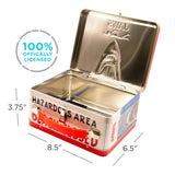 Metallic tin  vintage lunh box with Jaws design and dimensions on a white background