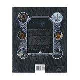 Back cover of a book with decorative elements and text on a dark background