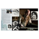 Collage of a man working at a desk with artistic sketches and text on a white background