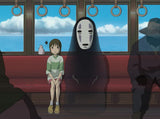 Animated scene inside a train with a character in a black hood and a child sitting next to them.