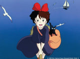Animated character with a red bow and black cat on a blue background Discover the magic of Studio Ghibli with Kiki's Delivery Service: 30 beautifully hand-drawn postcards celebrating Miyazaki's enchanting artistry.