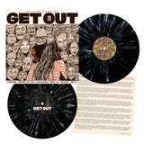 Vinyl record set with 'Get Out' movie cover and black splatter design