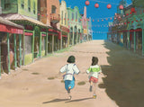 Two children holding hands on a colorful street with shops and red lanterns.