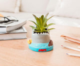 Small potted plant in a 'Jaws' themed pot on a desk with books and pencils.
