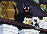 Animated black cat on a shelf with mugs and a golden vase