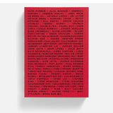 Red poster with white text on a white background