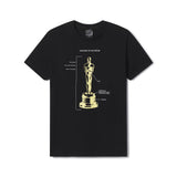 Black t-shirt with gold graphic of an Oscar statue and text on a white background Anatomy of an Oscar Academy Awards Adult tshirt for men and women