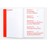 Open book showing a table of contents with red text on white pages.