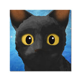 Illustration of a black cat with large yellow eyes against a blue starry background. from the Oscar winning movie FLOW.