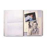 Open book with photos and text on a white background