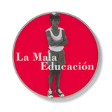 Circular product with a person in a white tank top and shorts on a red background, featuring the text 'La Mala Educacion'.