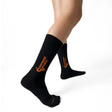 Black socks with orange text on a white background