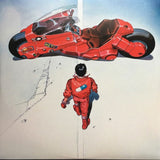 Red futuristic motorcycle and suit on a cracked ground with blue sky background artwork from the cyberpunk animeation film Akira
