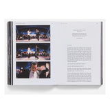 Open book showing a dance performance with text on a white background