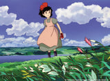 Animated character standing on a grassy hill with flowers and a blue sky Discover the magic of Studio Ghibli with Kiki's Delivery Service: 30 beautifully hand-drawn postcards celebrating Miyazaki's enchanting artistry.