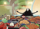 Animated character with a mask sitting at a market stall with various food items