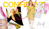 Woman in yellow plaid outfit with accessories and text on a colorful background