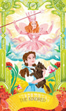 Illustration of Glinda in a pink dress with a wand, Dorothy in a blue dress holding a dog, and a green border with flowers.