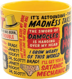 Yellow mug with text and graphics, including a satirical quote and graphic design elements.