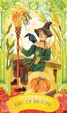 Card featuring a character in a green outfit with a broom, sitting on a pumpkin, surrounded by festive decorations.