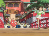 Animated scene with a character running on a bridge in a traditional Japanese setting.