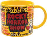 Yellow mug with 'Rocky Horror Show' text and graphics on a white background