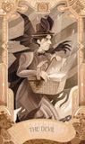 Tarot card titled 'The Devil' with a person in a top hat and coat holding a bag, surrounded by decorative elements.
