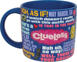 Blue mug with colorful text and graphics, including the word 'Clueless'. Celebrate the 90s with our Clueless Coffee Mug! Officially licensed, it showcases memorable quotes and comes in a fun gift box. Perfect for any cinephile!
