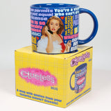 Clueless-themed mug with character image and text on a yellow box. Celebrate the 90s with our Clueless Coffee Mug! Officially licensed, it showcases memorable quotes and comes in a fun gift box. Perfect for any cinephile!