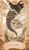 Tarot card titled 'The Tower' with a house on a mountain and lightning, in a decorative frame.