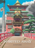 Cover of 'Spirited Away' postcard book with a traditional Japanese building and a girl on a bridge.