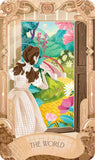 Card from a tarot deck titled 'The World' with a woman in a white dress and colorful landscape.