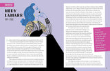 Book page with illustration of Hedy Lamarr and text about her life and work.