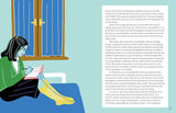 Illustration of a woman reading a book with text on a light blue background