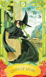 Card featuring a witch with a broom, labeled 'Queen of Spears', in a decorative frame.